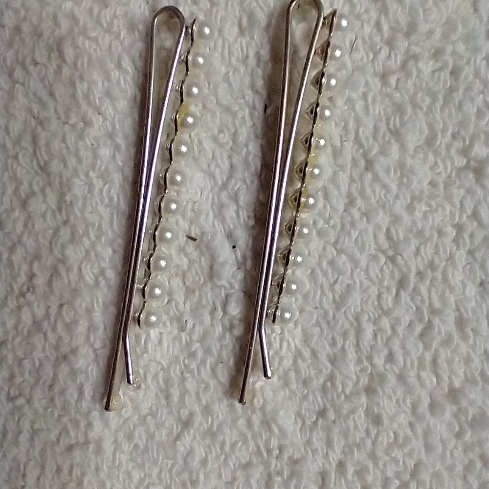 Faux pearl hair pins pair silvertone